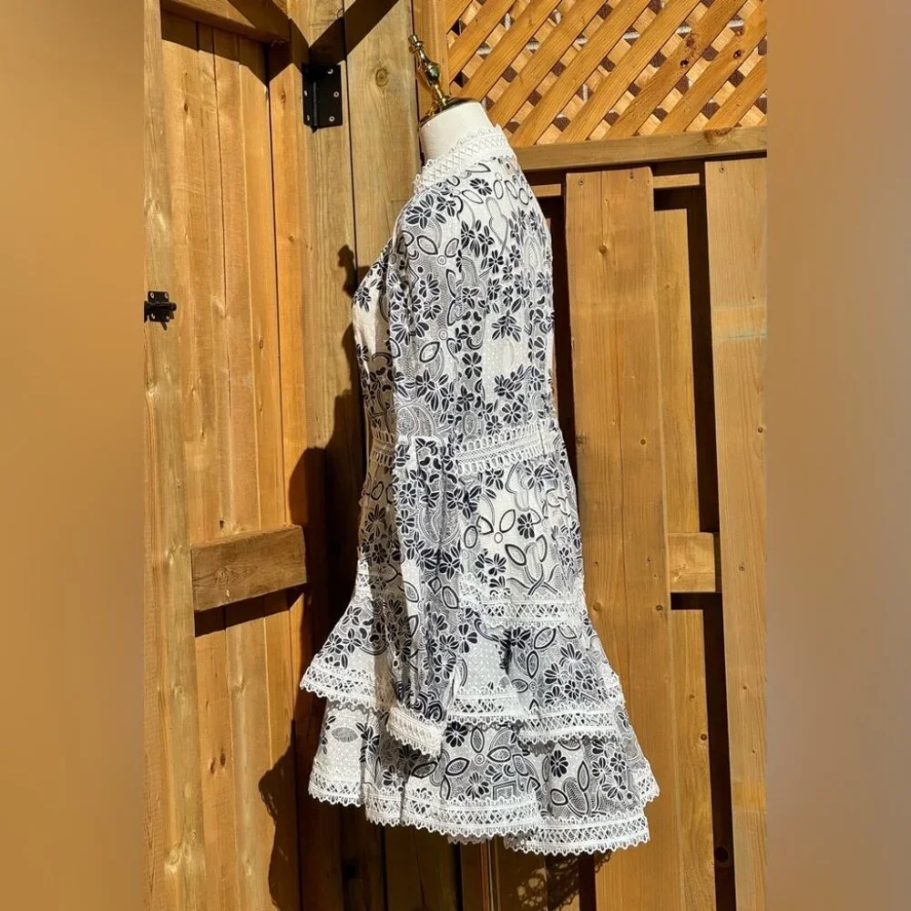 🆕 BRONX & BANCO 🧿 NWOT Santorini Long-Sleeve Tiered Floral Burnout Dress, Sz M